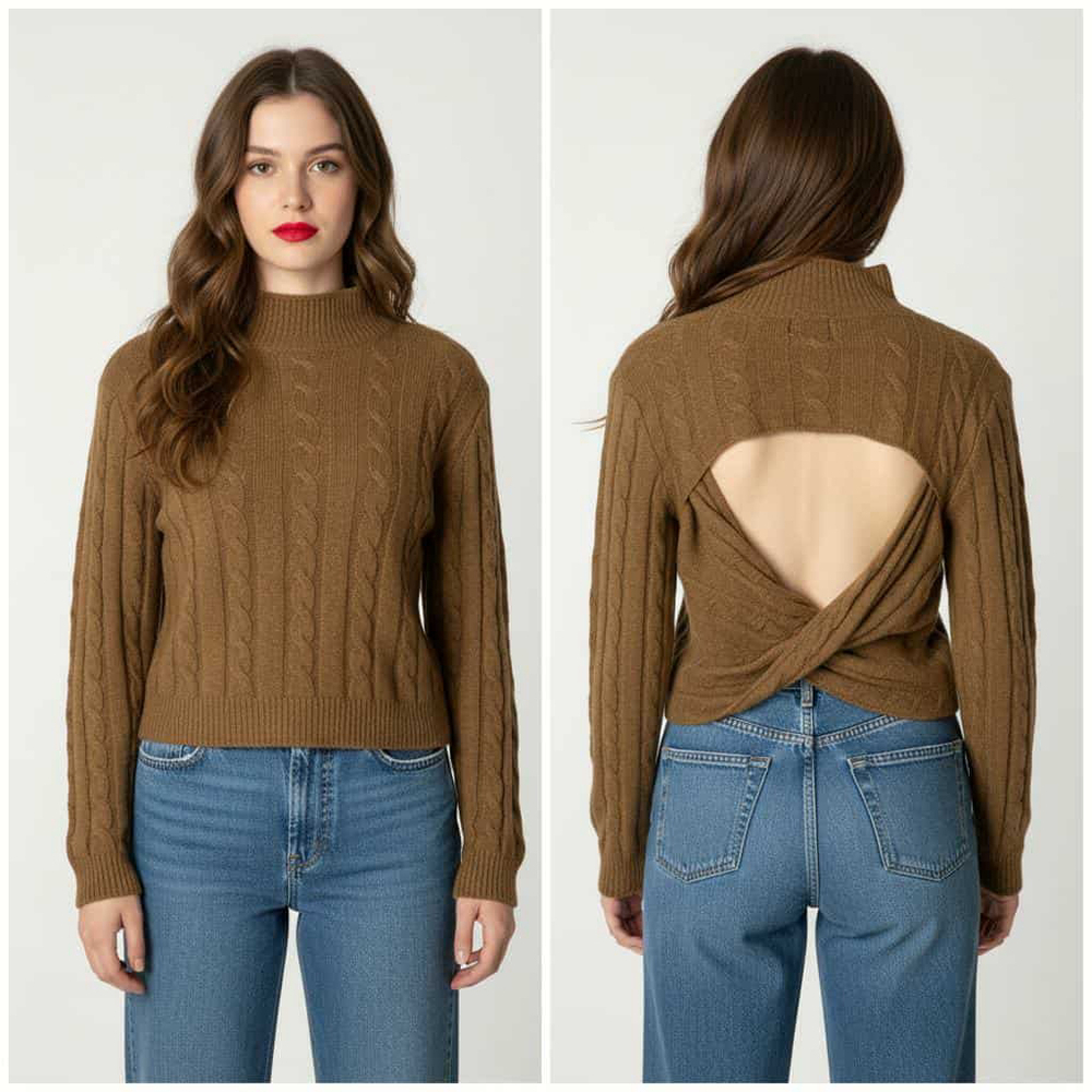 Hippie Rose Women’s Tawny High Neck Back Cutout Long Sleeve Knit Sweater Small